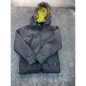 Volcom Thermonite Jacket Womens S Faux‎ Puzzle Print Parka Hooded Snow Black